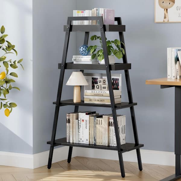 4-Tier Ladder Bookshelf, 54.5 In. Metal Accent Storage Shelf for Home Office and Living Room, Black Accent Cabinet