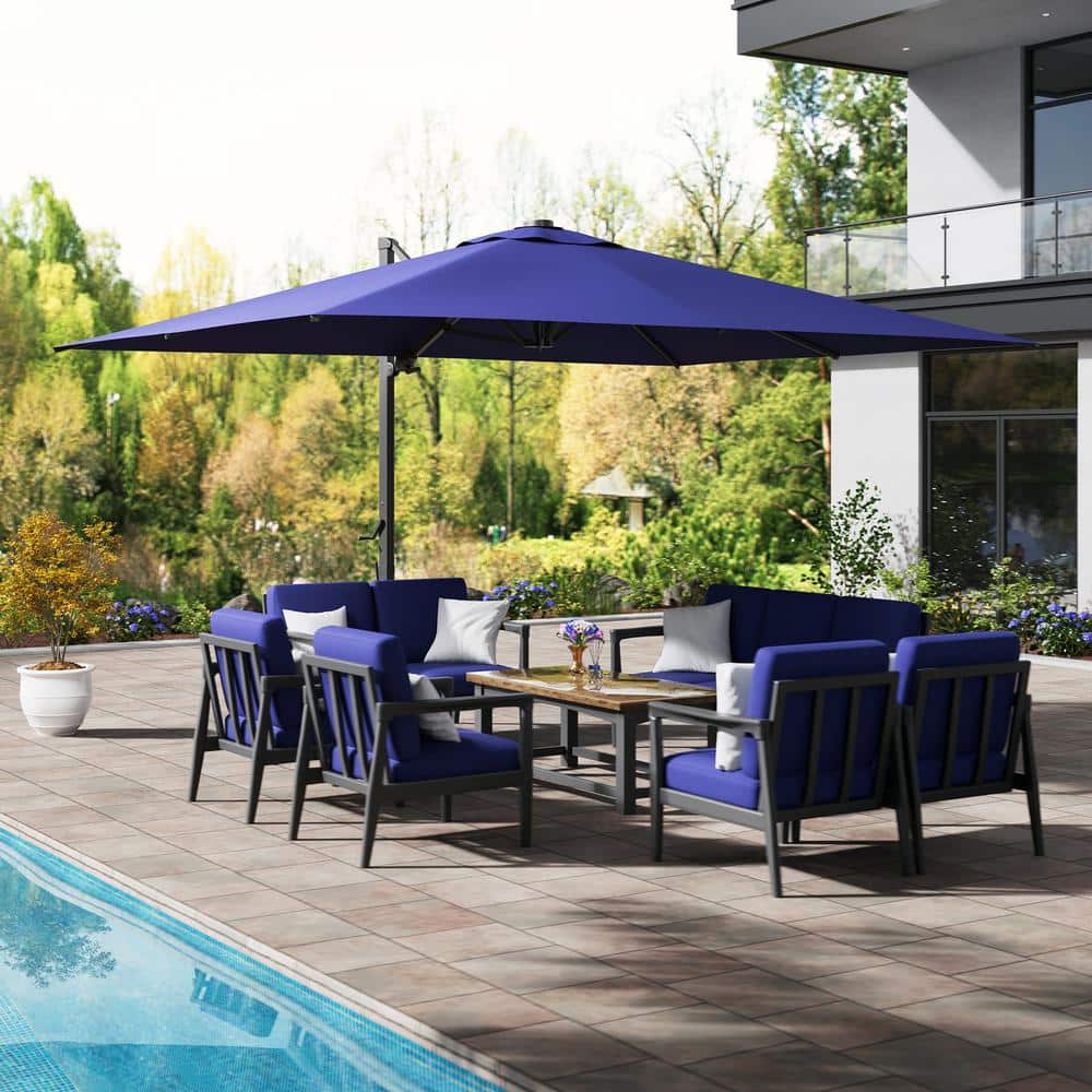 Navy Blue Rectangular Cantilever Patio Umbrella with LED Light and Stand