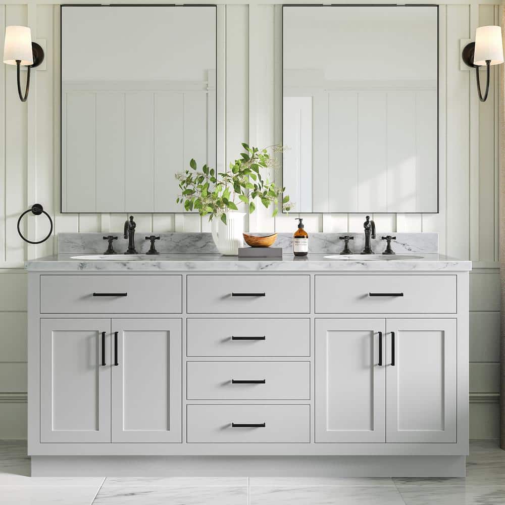 Gray Double Bathroom Vanity with Quartz Top and Storage