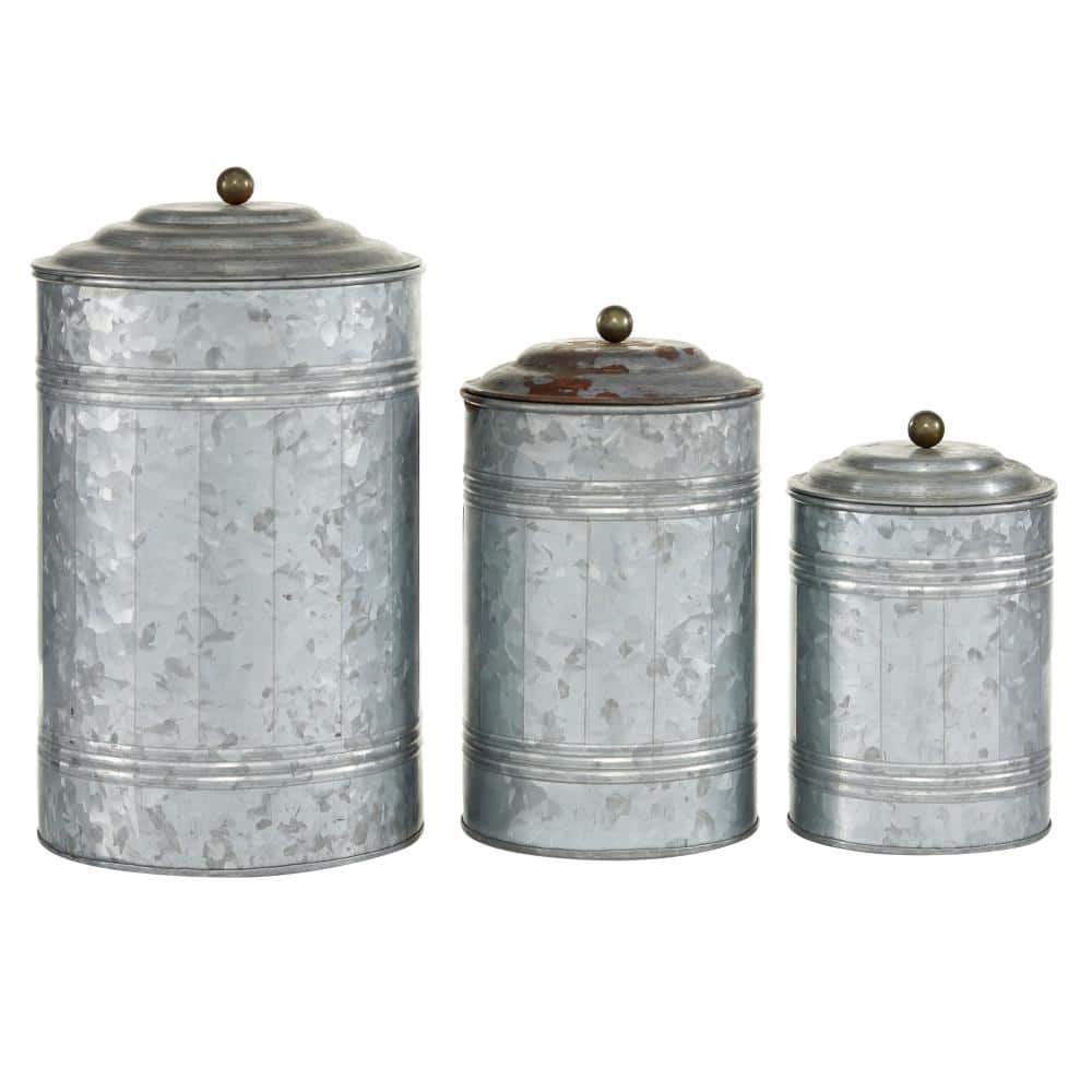 Gray Galvanized Metal Cylinder Canister Set with Lids