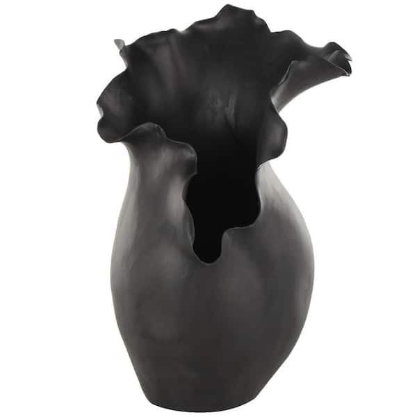 Litton Lane Black Floral Inspired Ceramic Abstract Decorative Vase with Wavy Edge