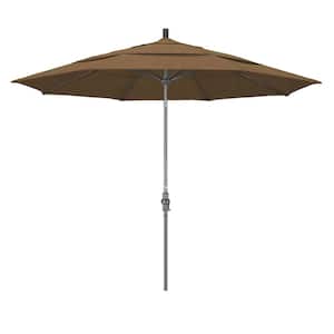 11 ft. Hammertone Grey Aluminum Market Patio Umbrella with Collar Tilt Crank Lift in Woven Sesame Olefin