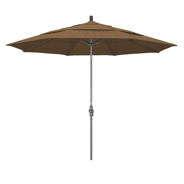 California Umbrella 11 ft. Hammertone Grey Aluminum Market Patio Umbrella with Collar Tilt Crank Lift in Woven Sesame Olefin