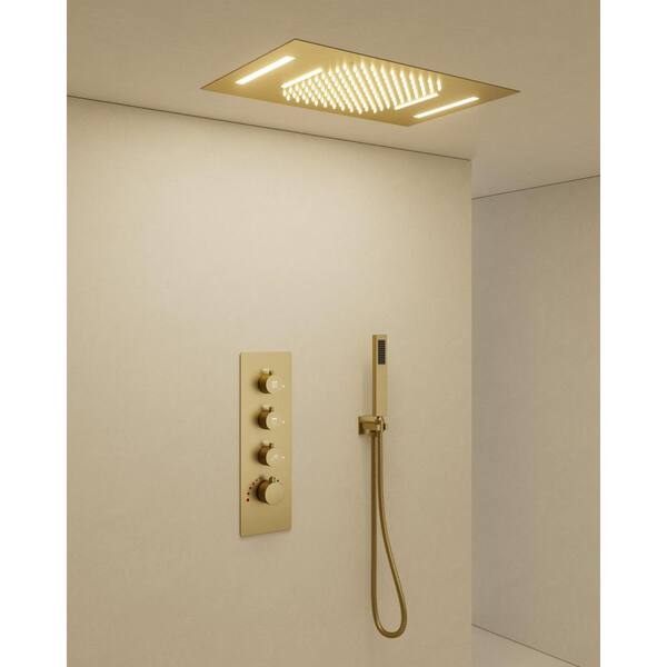 Thermostatic 7-Spray Ceiling Mount 23 x 15 in. Rectangle LED Mood Lighting Shower System in Brushed Gold(Valve Included)