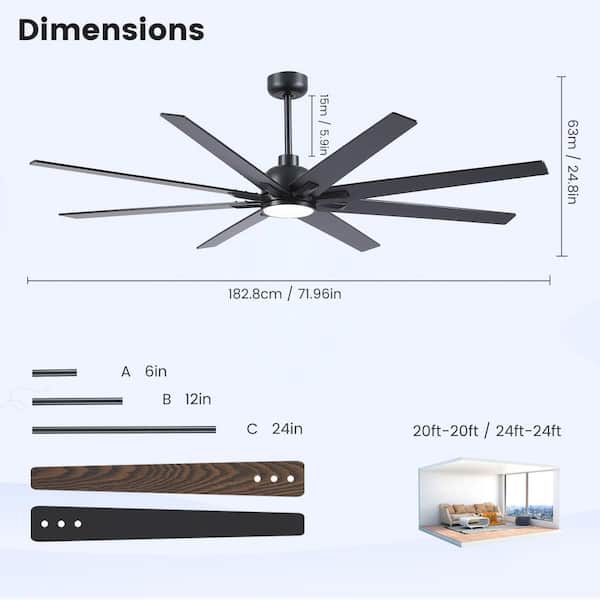 72 in. W 8-Blade Downrod Mount Ceiling Fans in Black with Dimmable LED Lights and Remote, 6 Speeds Quiet Reversible DC
