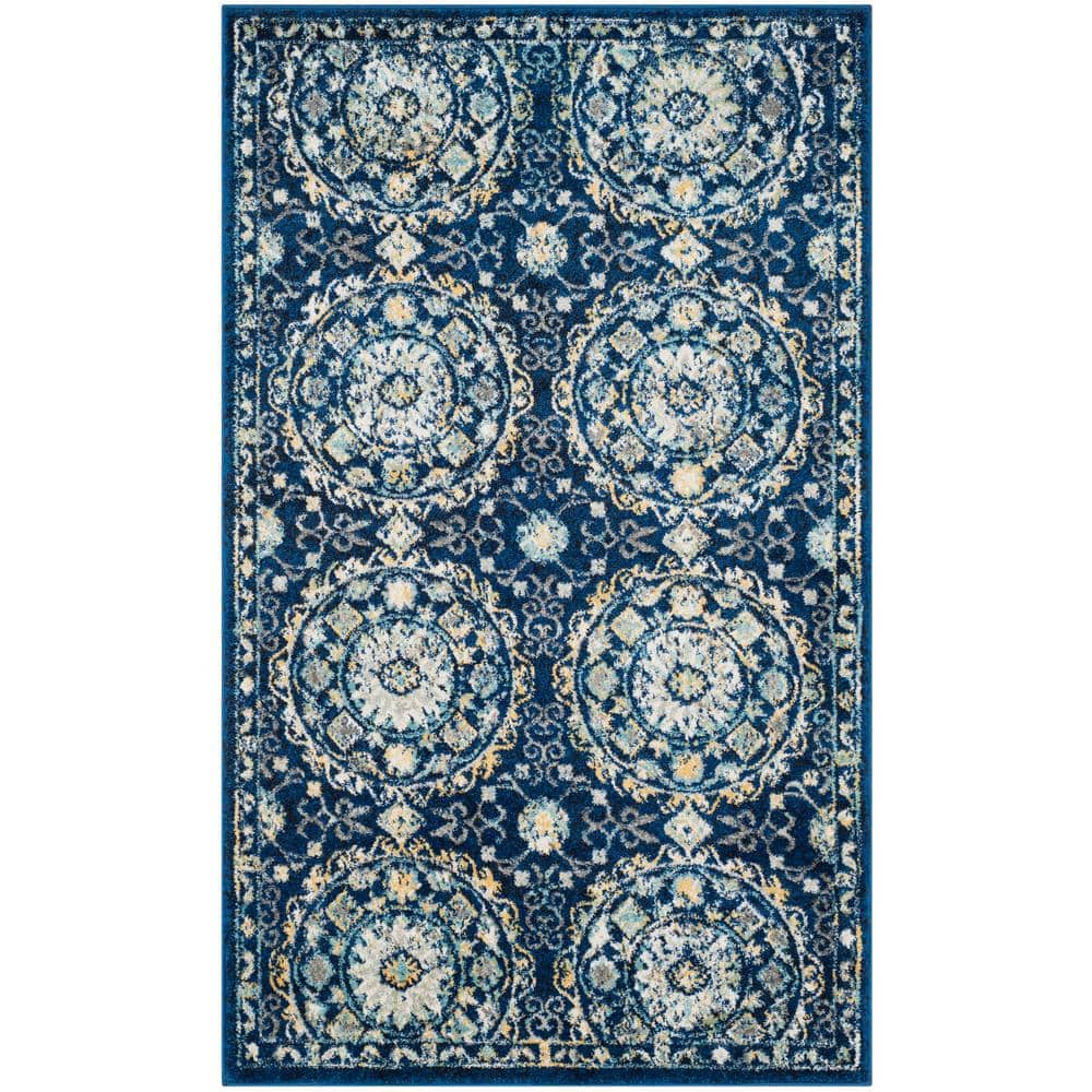 Navy and Ivory High Pile Synthetic Area Rug