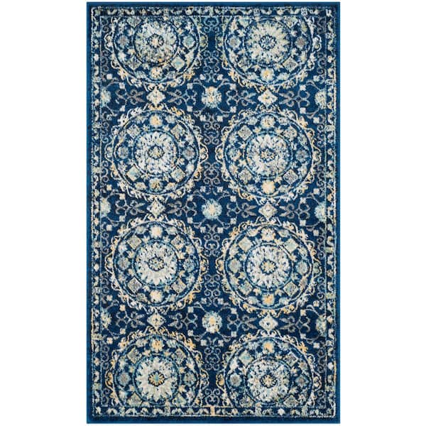 SAFAVIEH Evoke Navy/Ivory Doormat 3 ft. x 5 ft. Floral Border Circles Area Rug