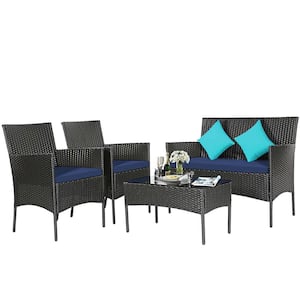 4-Piece Wicker Patio Conversation Set with Sofa Coffee Table and Navy Cushions