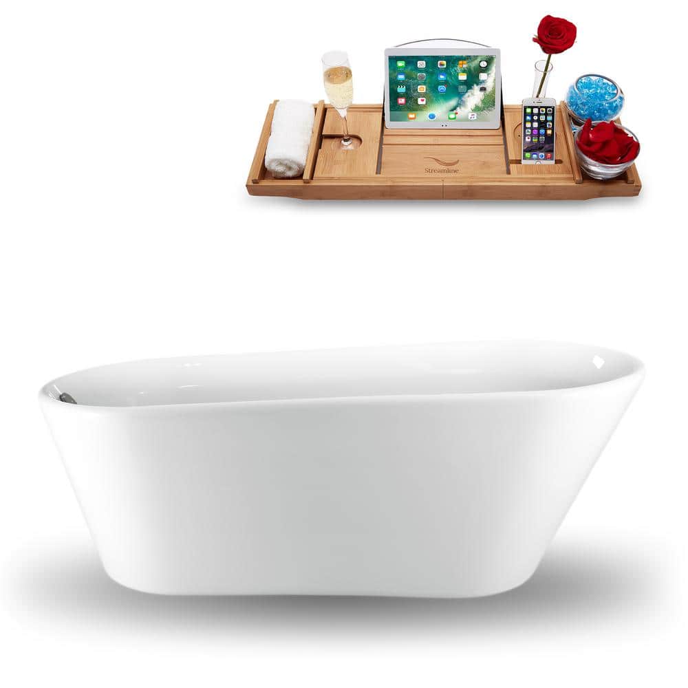Streamline 61 in. Acrylic Flatbottom Non-Whirlpool Bathtub in Glossy White with Brushed Nickel Drain and Overflow Cover, Glossy White Exterior/Brushed Nickel Hardware Trim -  N1520BNK