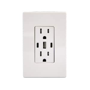 USB Receptacle Outlet White, 15A 30W with 2 Type C, 1 Type A USB Charger and Screwless Wallplate