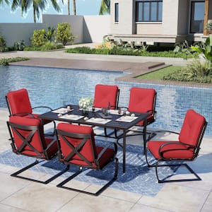 7-Piece Metal Patio Outdoor Dining Set with Rectangle Table and C-Spring Chair with Red Cushions