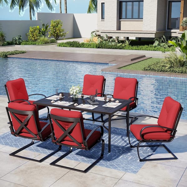 PHI VILLA 7-Piece Metal Patio Outdoor Dining Set with Rectangle Table and C-Spring Chair with Red Cushions