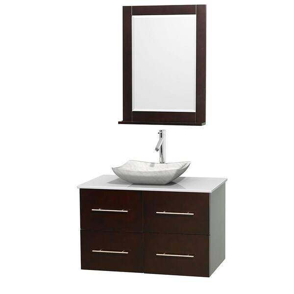 Wyndham Collection Centra 36 in. Vanity in Espresso with Solid-Surface Vanity Top in White, Carrara Marble Sink and 24 in. Mirror