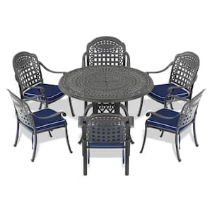 Isabella Black 7-Piece Cast Aluminum Outdoor Dining Set with 47.24 in. Round Table and Random Color Seat Cushions