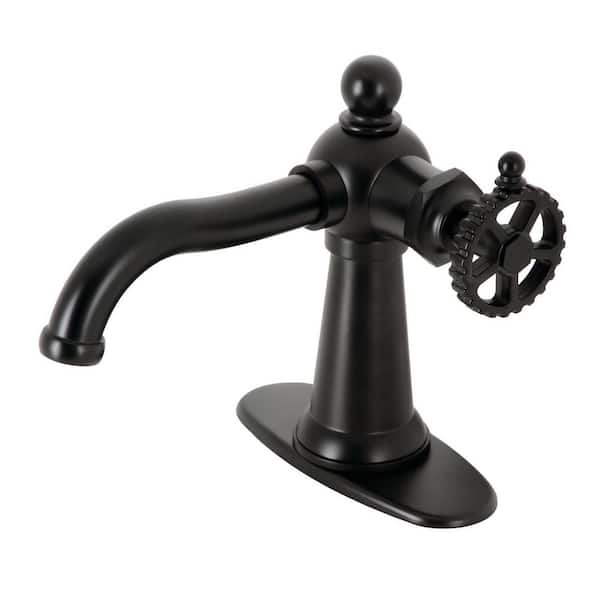 Kingston Brass Fuller Single-Handle Single Hole Bathroom Faucet with Push Pop-Up and Deck Plate in Matte Black