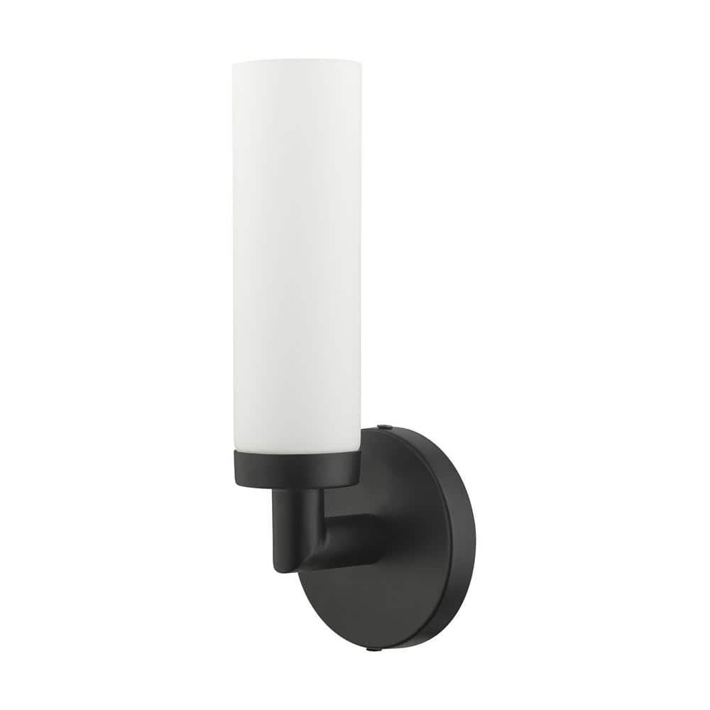 Black Steel Wall Sconce with Satin Opal Glass Shade