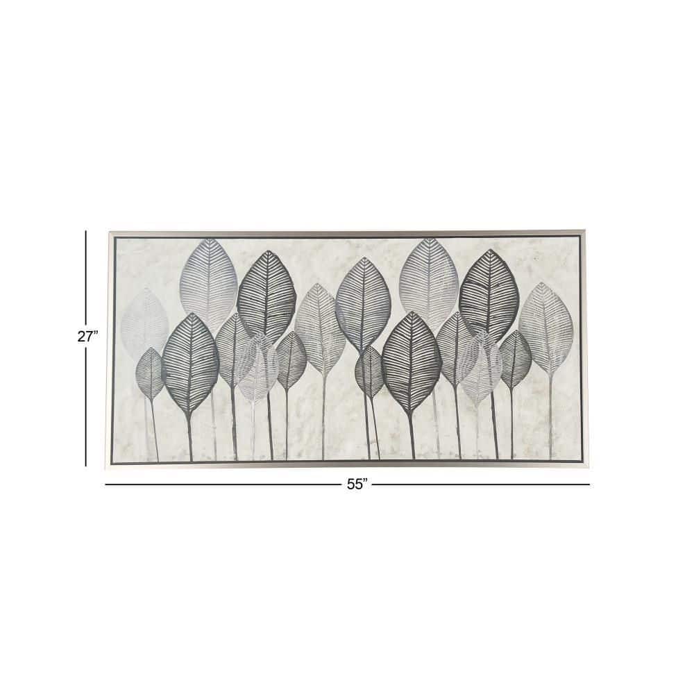 55" x 27" Black and White Leaf Canvas Wall Art with Silver Frame