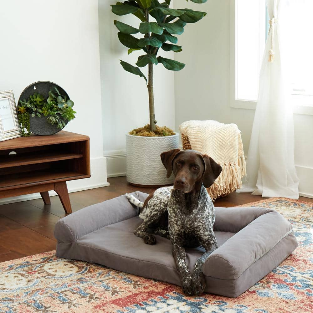 Large Gray Sofa Dog Bed with Raised Bolster Arms