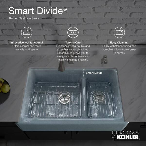 KOHLER Whitehaven Undermount Farmhouse Apron Front Cast Iron 36 in. Double Bowl Smart Divide Kitchen Sink White Hayridge Design