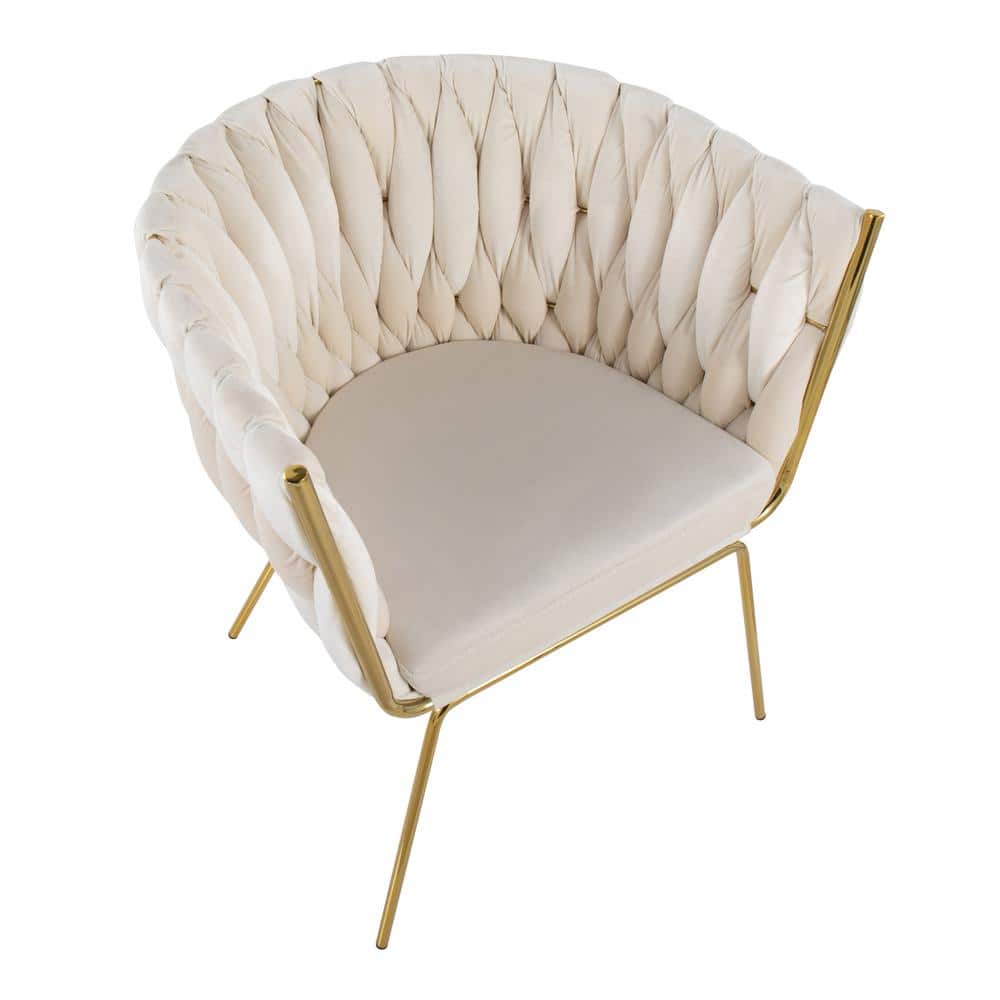 Elegant Braided Velvet Barrel Accent Chair with Gold Metal Legs