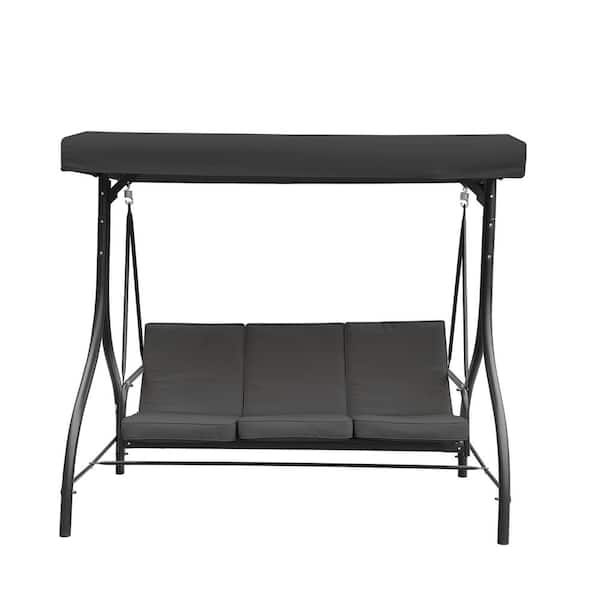 Clihome 3-Person Metal Porch Swing with Removable Cushions with Adjustable Backrest in Dark Gray