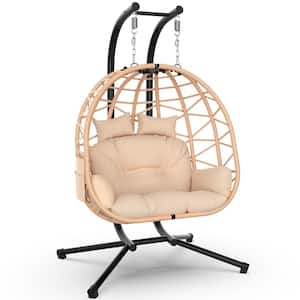 Double Brown Egg Chair Patio Hanging Basket Chair, Rattan Wicker Swing Chair with UV Resistant Cushion and Pillow