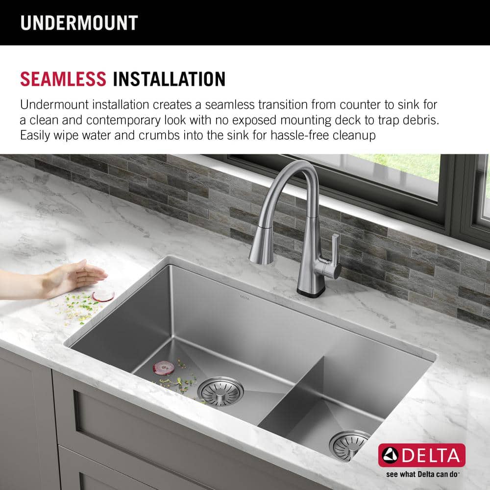 Delta Lenta 32" Satin Stainless Steel Double Bowl Undermount Kitchen Sink