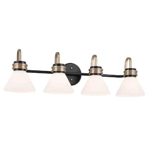 Farum 34 in. 4-Light Black with Champagne Bronze Modern Bathroom Vanity Light with Opal Glass Shades