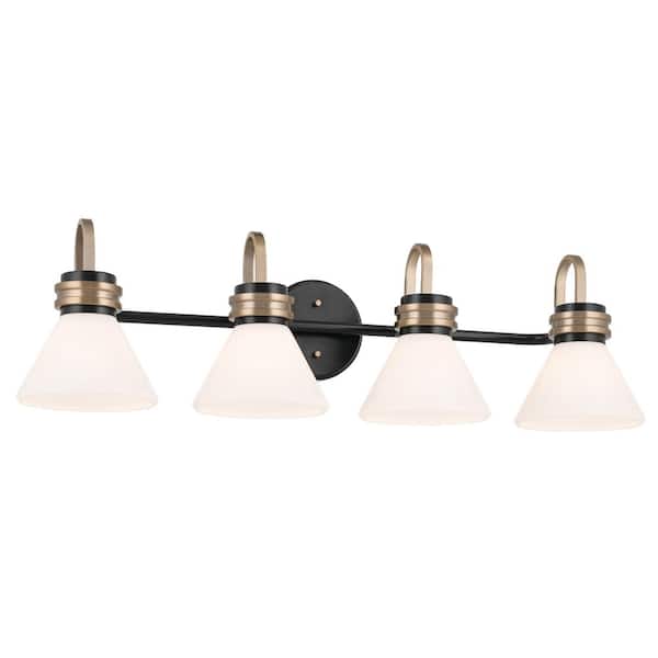 Farum 34 in. 4-Light Black with Champagne Bronze Modern Bathroom Vanity Light with Opal Glass Shades