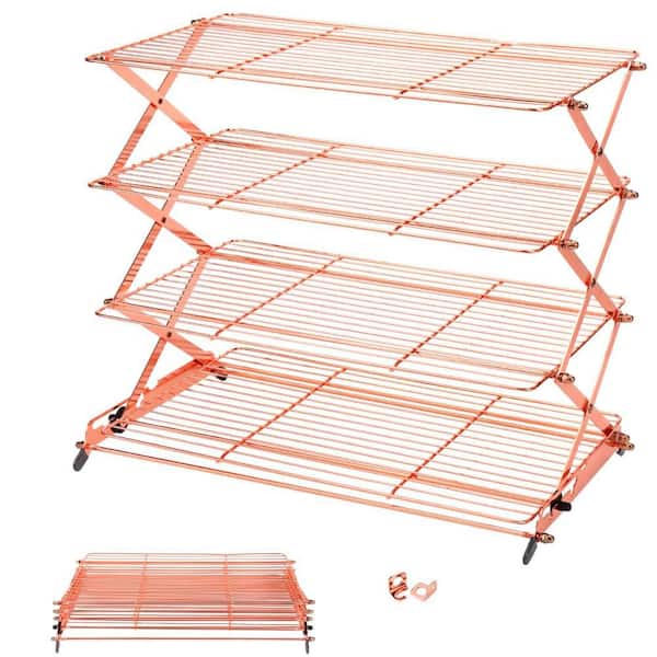 4-Tier Collapsible Cooling Rack with Adjustable 3 Setting Design for Baking, Stackable, Wire Cooling Rack, Rose Gold