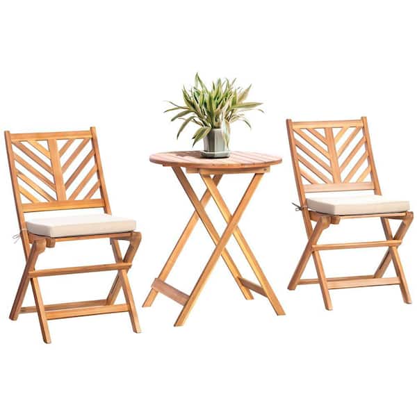 Brown 3-Piece Acacia Wood Outdoor Bistro Set with Light Gray Cushions, Round Outdoor Bistro Table and Chairs Set of 2