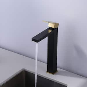 Single Handle Single Hole Bathroom Faucet with Drain Kit and Supply Lines included in Black and Gold