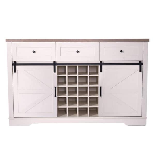 White Wood Top 58 in. Kitchen Island Buffet Sideboard with Sliding Barn Doors, Wine Rack, Drawers, and Shelves