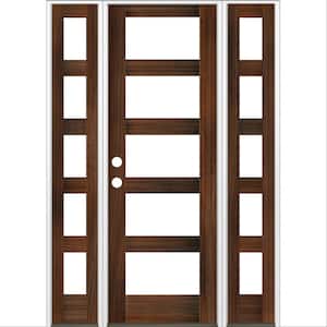 60 in. x 96 in. Modern Hemlock Right-Hand/Inswing 5-Lite Clear Glass Red Mahogany Stain Wood Prehung Front Door w/DSL
