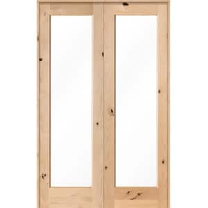 56 in. x 96 in. Rustic Knotty Alder 1-Lite Clear Glass Both Active Solid Core Wood Double Prehung Interior Door