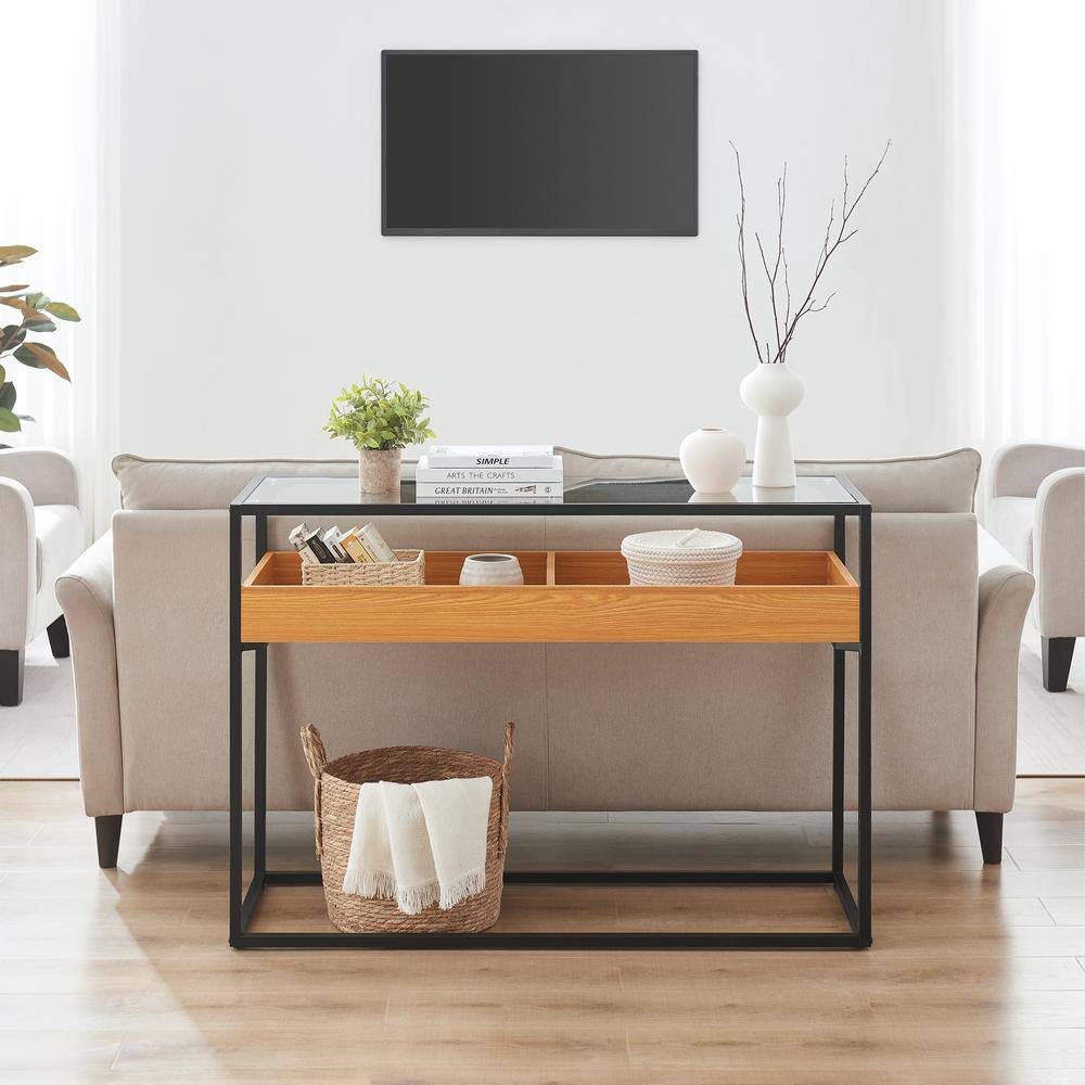 Golden Oak and Black Metal Console Table with Glass Top and Storage Shelf
