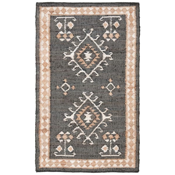 Kilim Black/Ivory 2 ft. x 5 ft. Native American Border Area Rug