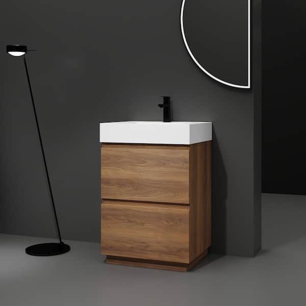 24 in. Single Sink Freestanding Brown Bath Vanity with White Resin Top, Double Drawer, Engineering Wood