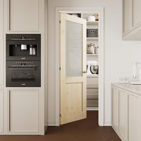 28 in. x 80 in. Unfinished Solid Core Pine Wood 1/2-Lite Tempered Frosted Glass Interior Door Slab