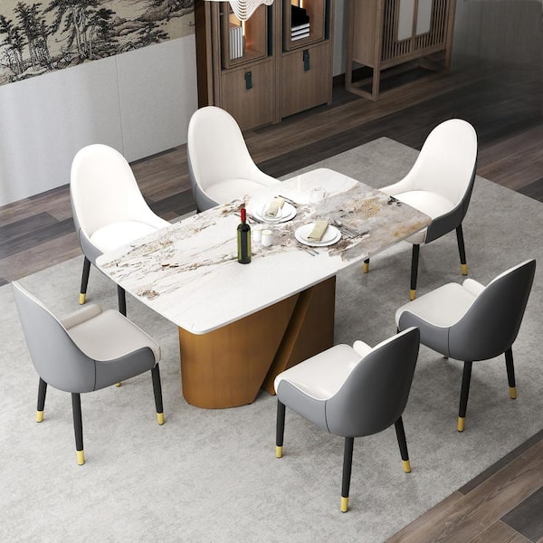 Magic Home 71 in. Rectangle Round Edge Sintered Stone Top Pedestal Pandora Bronze Metal Base Dining Table (Seats 8)