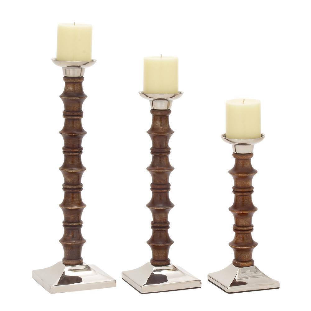 Elegant Traditional Wood Candlestick Trio in Brown - 12" Height