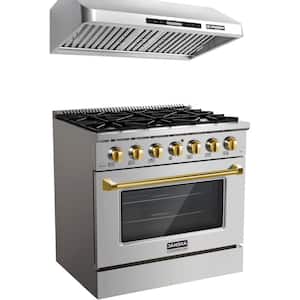 36 in. 900 CFM Ducted Under Cabinet Range Hood & 36 in. 5.2 cu. ft. Gas Range with Convection Oven, Gold Knobs & Handle