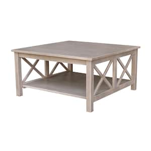 Hampton 36 in. Weathered Gray Square Wood Top Coffee Table with Shelf