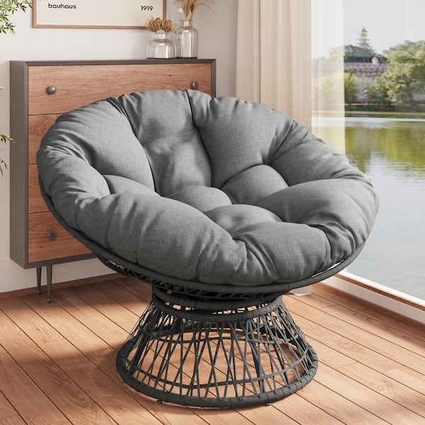 Unbranded 41.5 in. Ergonomic Wicker Outdoor Recliner, High Capacity Iron Frame Fluid 360° Swivel Chair with Gray Cushion