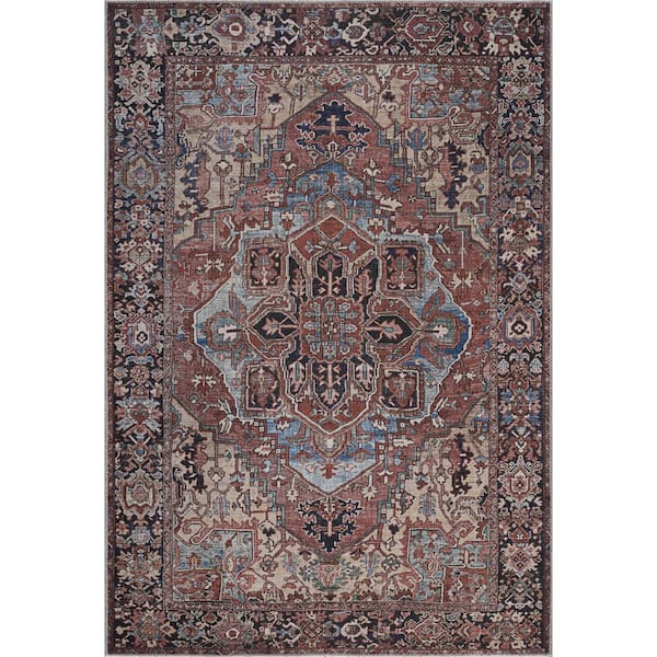HAUTELOOM Neyland 9 ft. X 12 ft. Bright Red, Navy, Ivory, Peach, Green Traditional Medallion Persian Bohemian Washable Area Rug