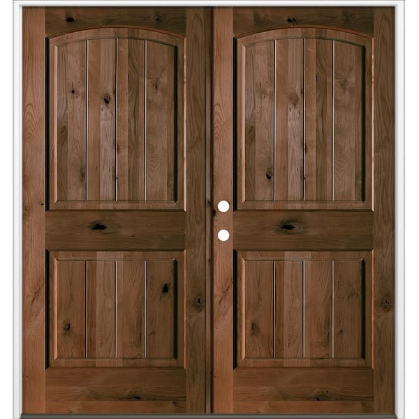 60 in. x 80 in. Rustic Knotty Alder Arch Top VG Right-Hand/Inswing BEHR Espresso Stain Double Wood Prehung Front Door