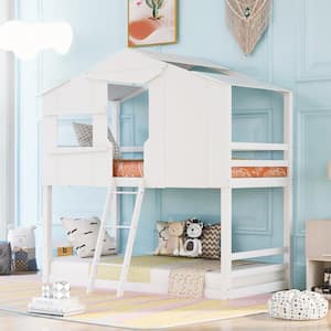 White Twin Over Twin House Bunk Bed with Ladder, Wood Bed