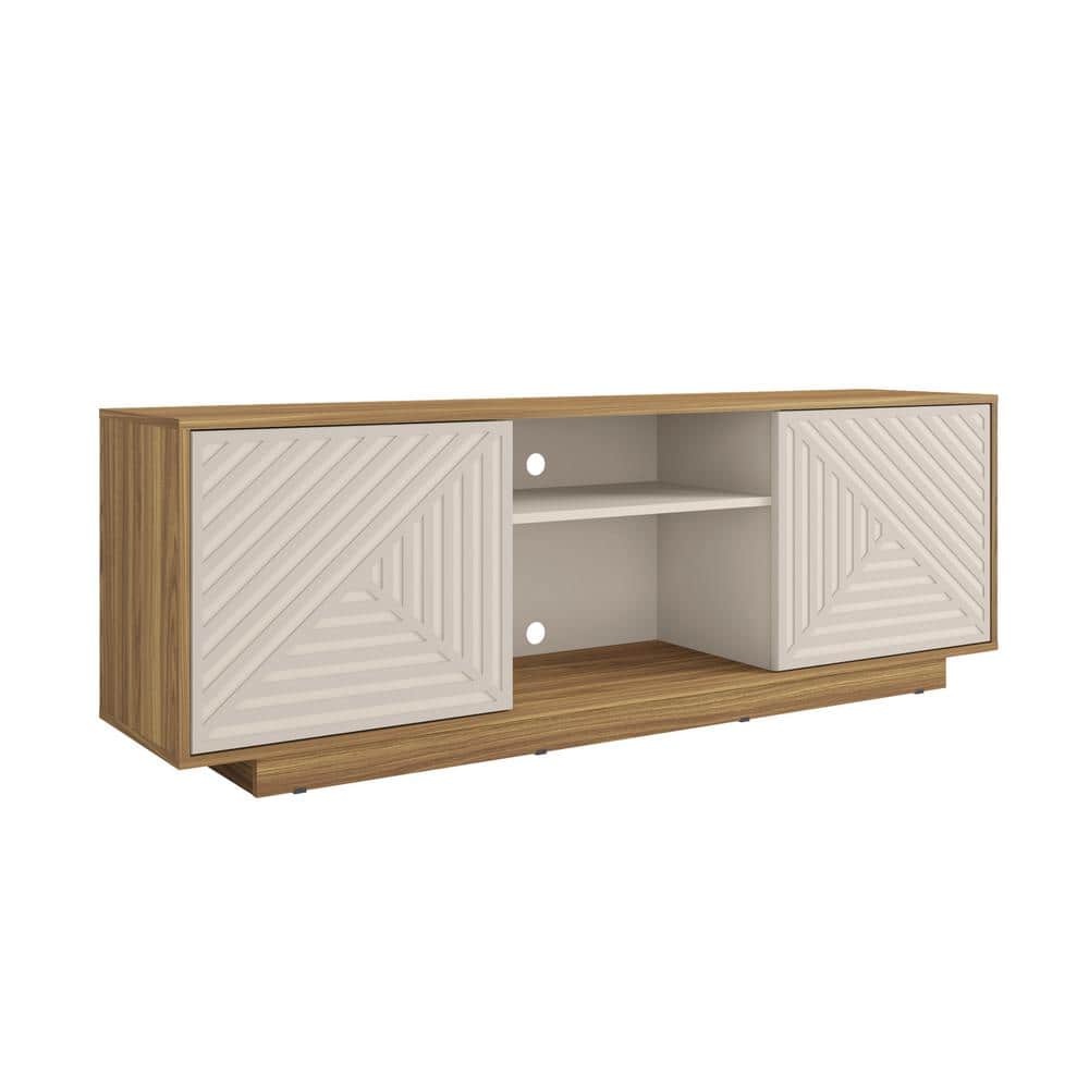 Modern Oak and White Chevron Pattern TV Stand with Cabinets