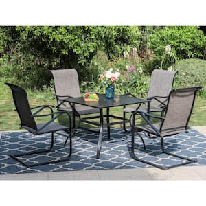 Black 5-Piece Metal Patio Outdoor Dining Set with Slat Square Table and Textilene C-Spring Chairs