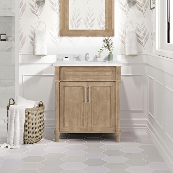 Home Decorators Collection Aberdeen 30 in. Single Sink Freestanding Antique Oak Bath Vanity with Carrara Marble Top (Assembled)